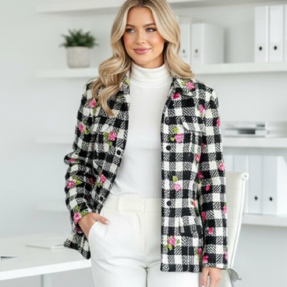 Peggy Jennings ~ Black & White Checkered Teddy Jacket With Pink Embroidery S/M